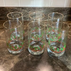 6 Arbys Christmas Holiday Gold Rim Holly Berry Drinking Glasses